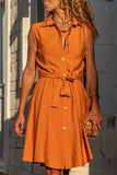 Momentlover Casual Solid Frenulum Turndown Collar Vest Dress Dresses
