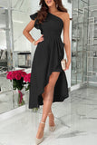 Momentlover Celebrities Elegant Solid Slit Asymmetrical Oblique Collar A Line Dresses