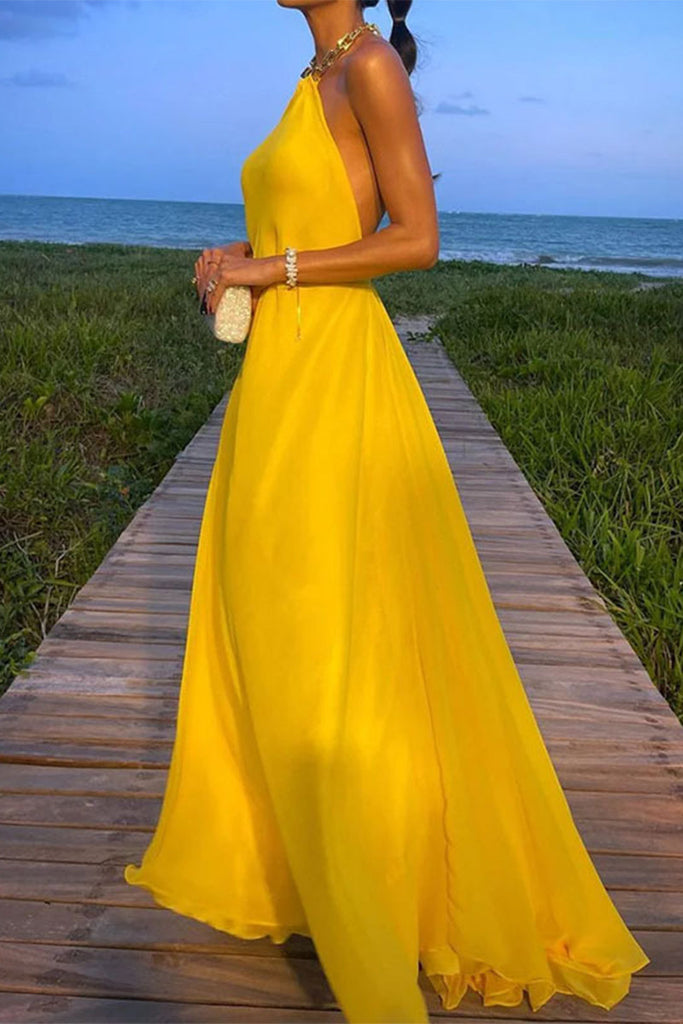 Momentlover Elegant Solid Backless Halter Evening Dress Dresses
