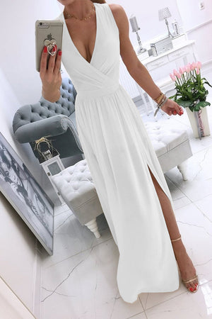 Momentlover Sexy Simplicity Solid Slit V Neck Princess Dresses