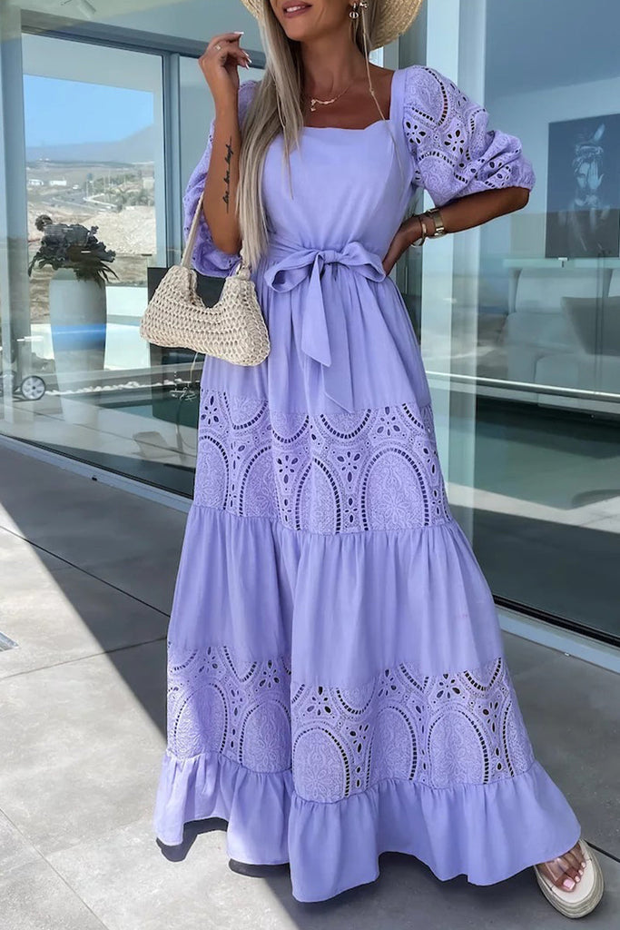 Momentlover Elegant Solid Hollowed Out Frenulum Square Collar A Line Dresses(4 Colors)