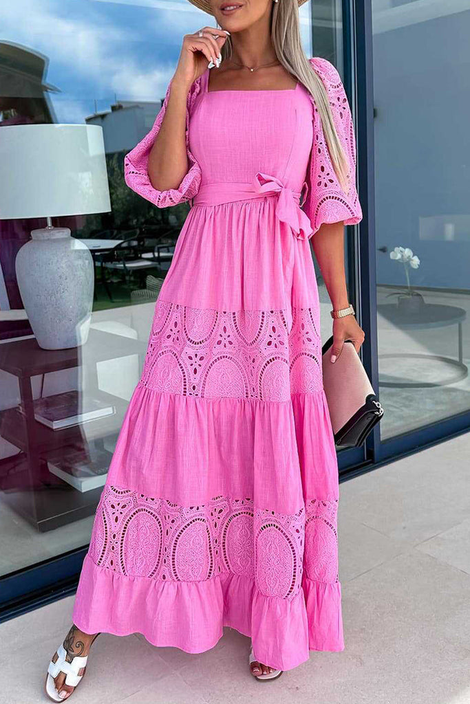 Momentlover Elegant Solid Hollowed Out Frenulum Square Collar A Line Dresses(4 Colors)