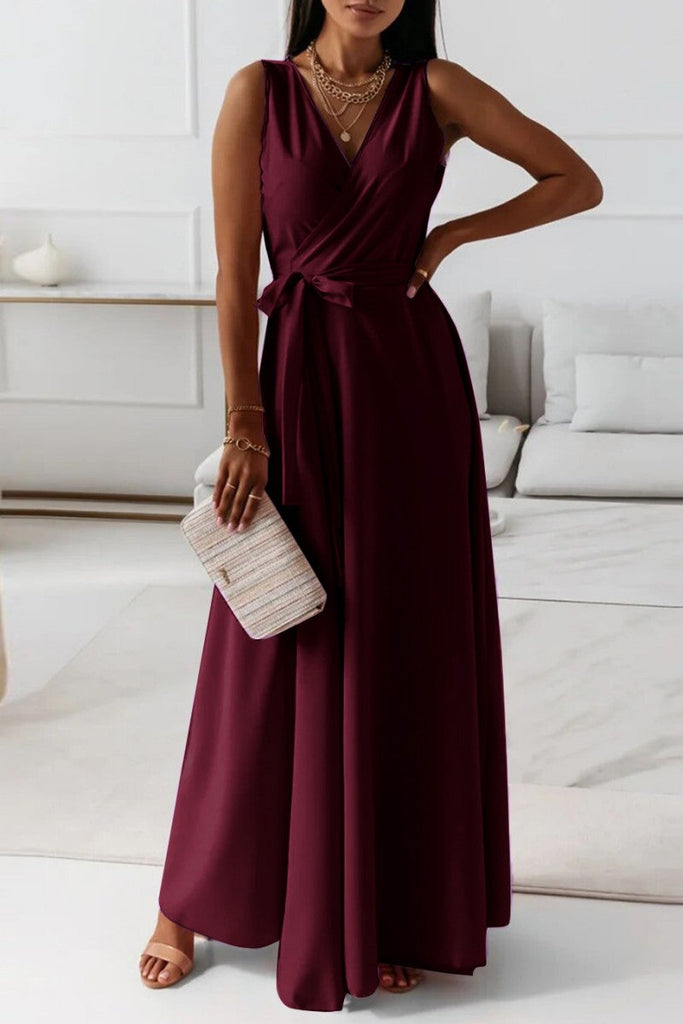 Momentlover Casual Solid Frenulum V Neck Long Dress Dresses