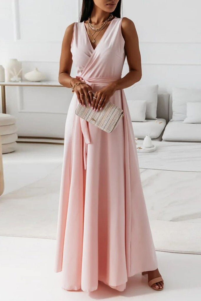 Momentlover Casual Solid Frenulum V Neck Long Dress Dresses