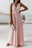 Momentlover Casual Solid Frenulum V Neck Long Dress Dresses