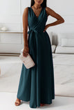 Momentlover Casual Solid Frenulum V Neck Long Dress Dresses
