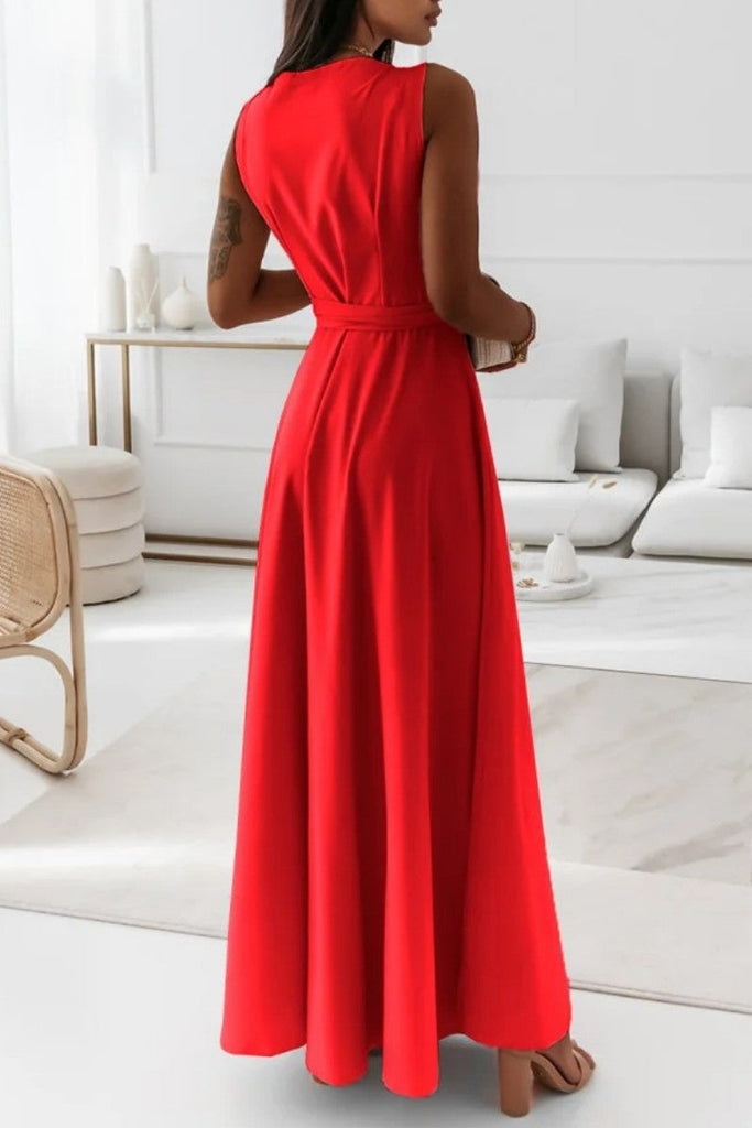 Momentlover Casual Solid Frenulum V Neck Long Dress Dresses