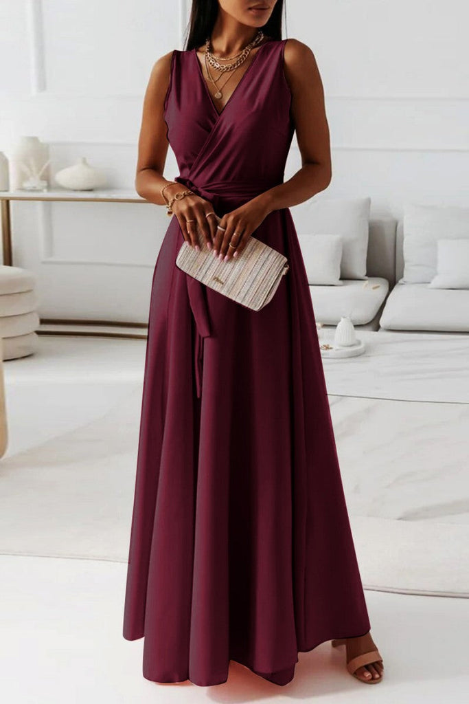 Momentlover Casual Solid Frenulum V Neck Long Dress Dresses