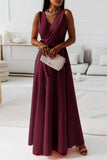 Momentlover Casual Solid Frenulum V Neck Long Dress Dresses