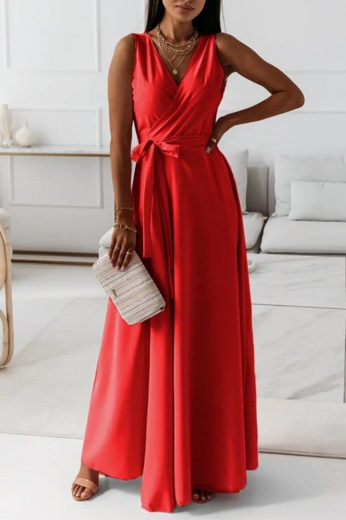 Momentlover Casual Solid Frenulum V Neck Long Dress Dresses