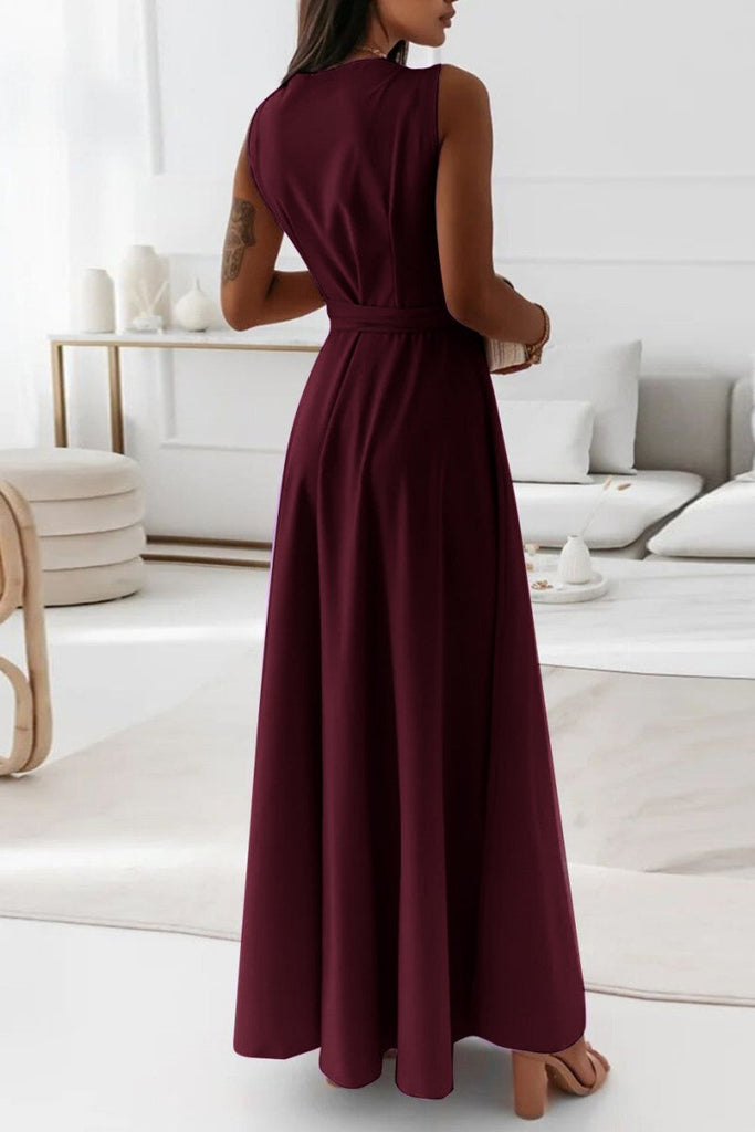 Momentlover Casual Solid Frenulum V Neck Long Dress Dresses