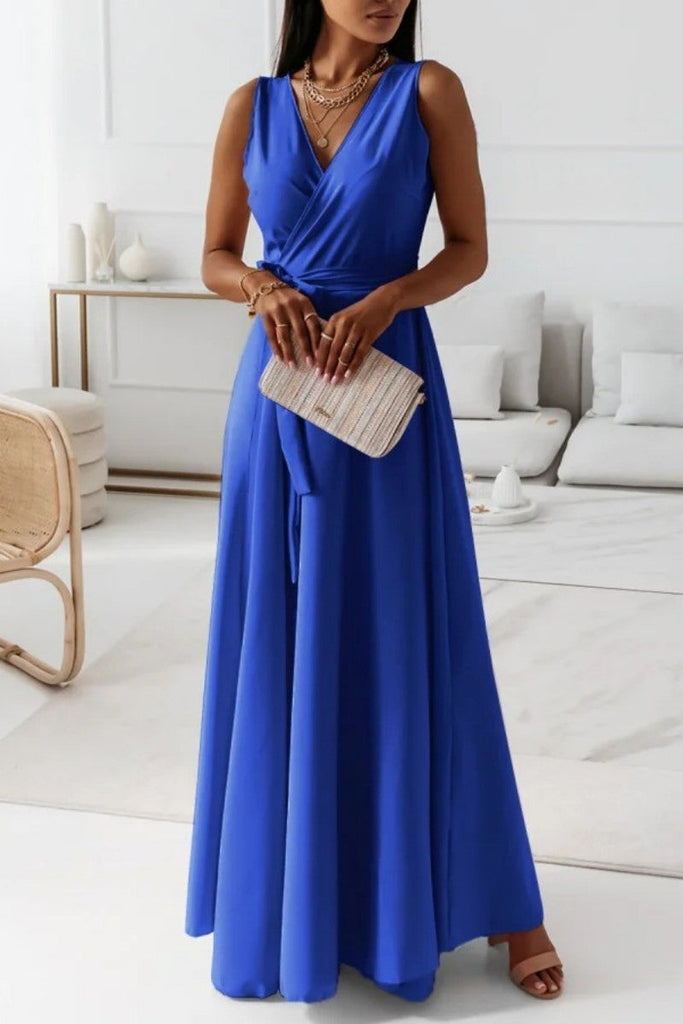 Momentlover Casual Solid Frenulum V Neck Long Dress Dresses