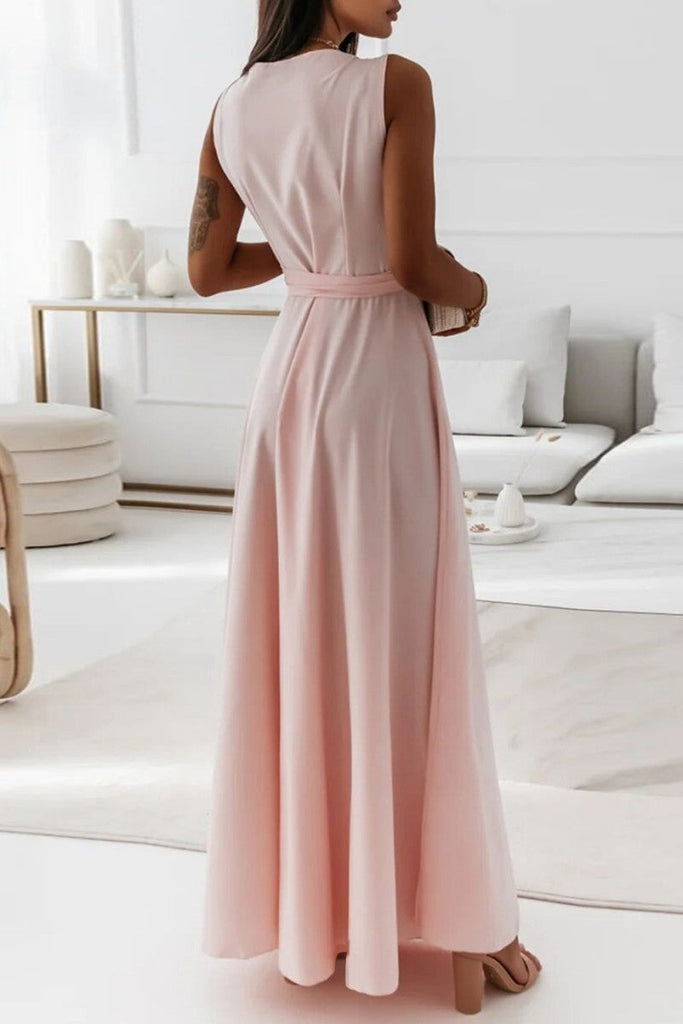 Momentlover Casual Solid Frenulum V Neck Long Dress Dresses