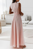Momentlover Casual Solid Frenulum V Neck Long Dress Dresses