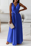 Momentlover Casual Solid Frenulum V Neck Long Dress Dresses