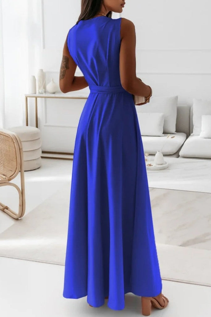 Momentlover Casual Solid Frenulum V Neck Long Dress Dresses