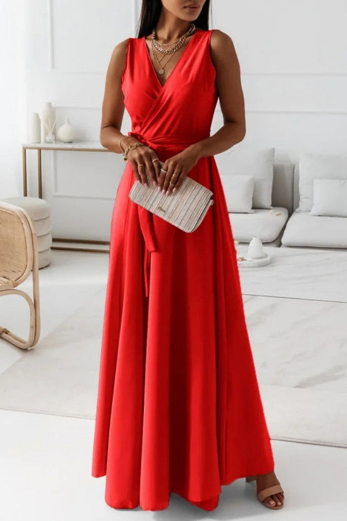 Momentlover Casual Solid Frenulum V Neck Long Dress Dresses