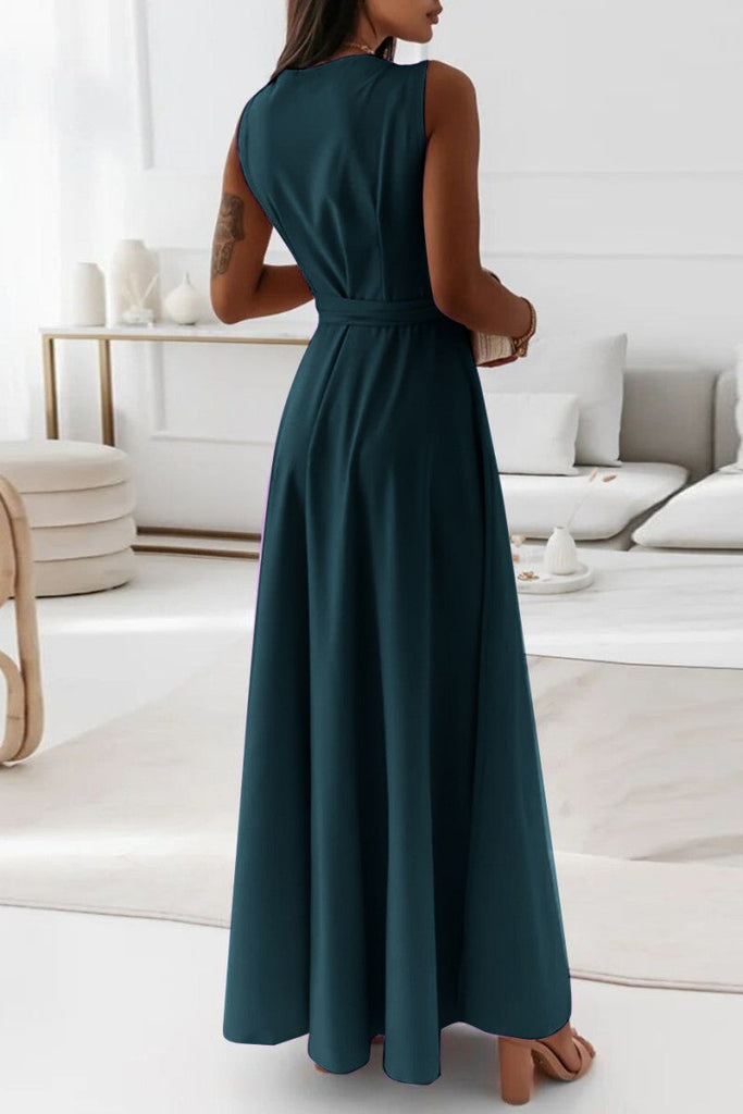 Momentlover Casual Solid Frenulum V Neck Long Dress Dresses