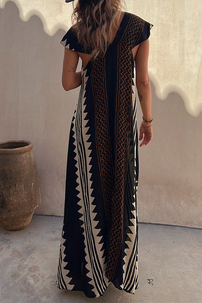 Momentlover Casual College Geometric Print Fold V Neck A Line Dresses