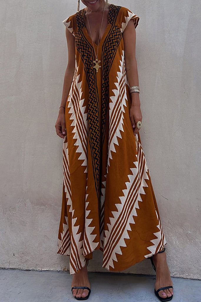 Momentlover Casual College Geometric Print Fold V Neck A Line Dresses