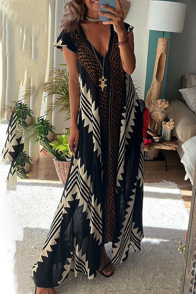 Momentlover Casual College Geometric Print Fold V Neck A Line Dresses