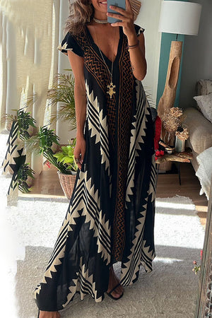 Momentlover Casual College Geometric Print Fold V Neck A Line Dresses