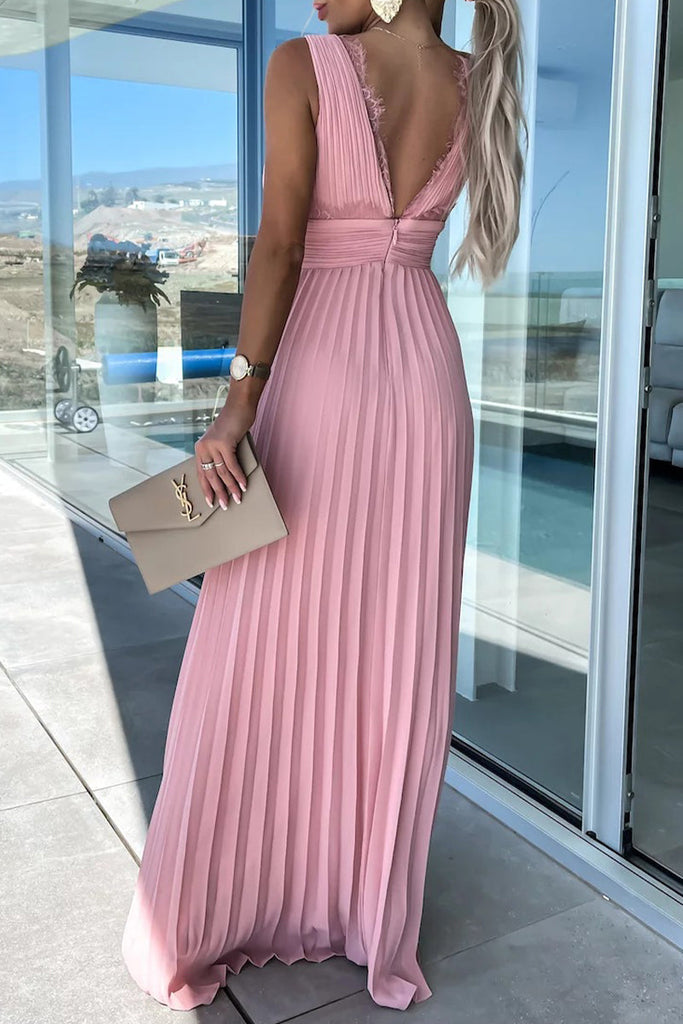 Momentlover Celebrities Elegant Solid Lace V Neck Waist Skirt Dresses