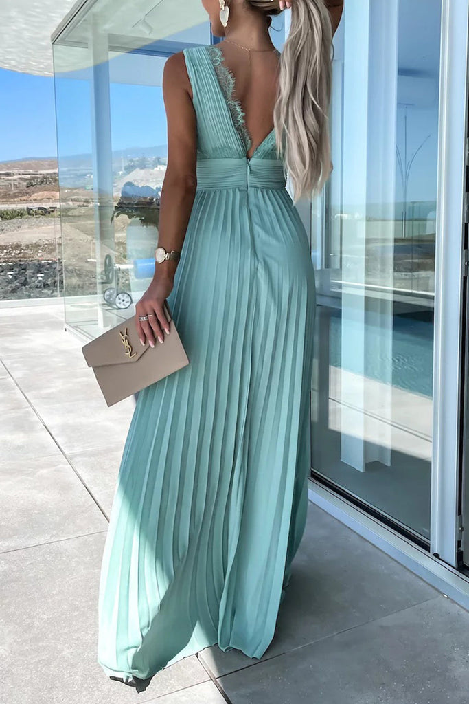 Momentlover Celebrities Elegant Solid Lace V Neck Waist Skirt Dresses