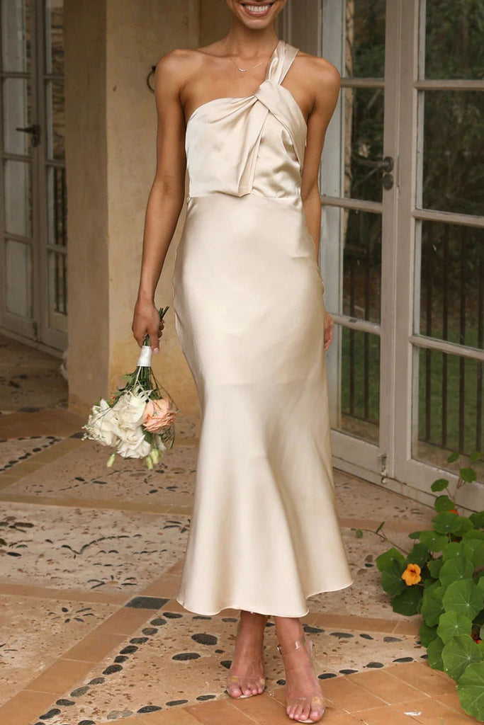 Momentlover Sweet Elegant Solid One Shoulder Evening Dress Dresses