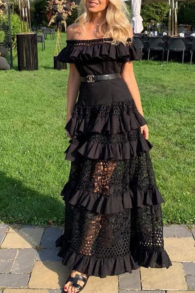 Momentlover Celebrities Elegant Solid Lace Hollowed Out Without Belt Off the Shoulder A Line Dresses