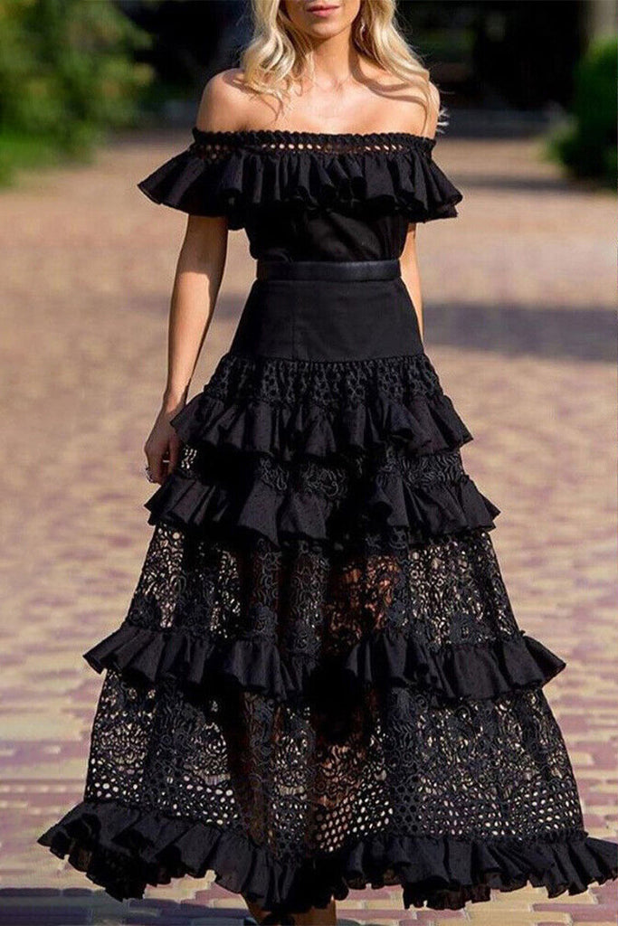 Momentlover Celebrities Elegant Solid Lace Hollowed Out Without Belt Off the Shoulder A Line Dresses