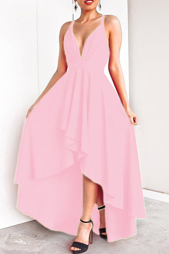 Momentlover Sexy Formal Solid Asymmetrical V Neck Dresses