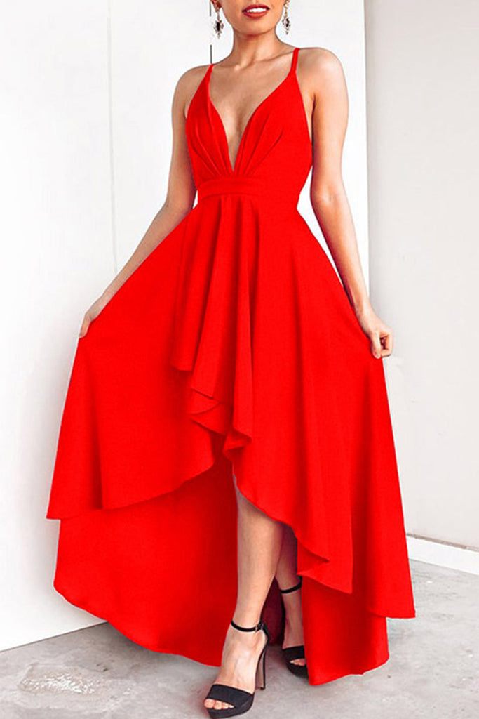 Momentlover Sexy Formal Solid Asymmetrical V Neck Dresses