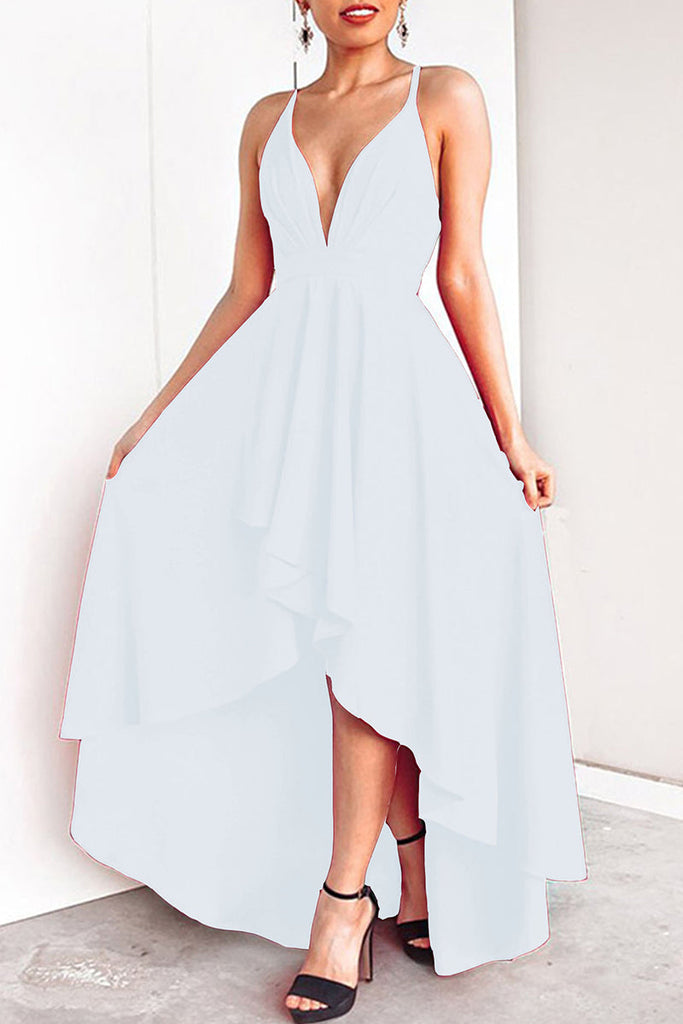 Momentlover Sexy Formal Solid Asymmetrical V Neck Dresses