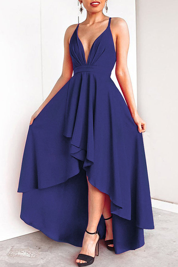 Momentlover Sexy Formal Solid Asymmetrical V Neck Dresses