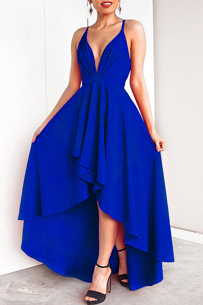 Momentlover Sexy Formal Solid Asymmetrical V Neck Dresses