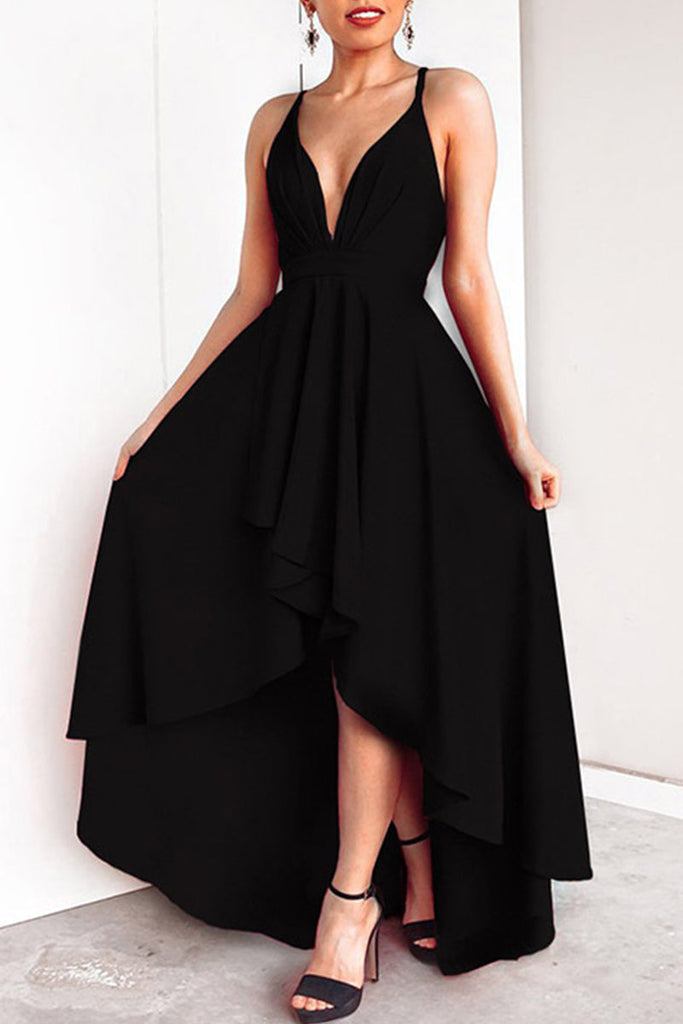 Momentlover Sexy Formal Solid Asymmetrical V Neck Dresses