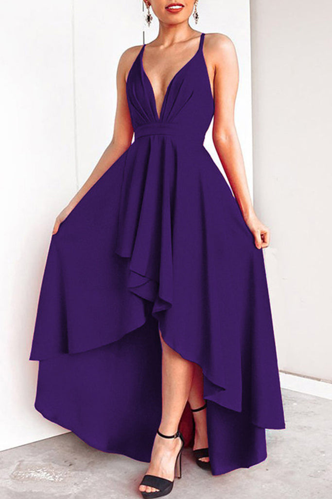 Momentlover Sexy Formal Solid Asymmetrical V Neck Dresses