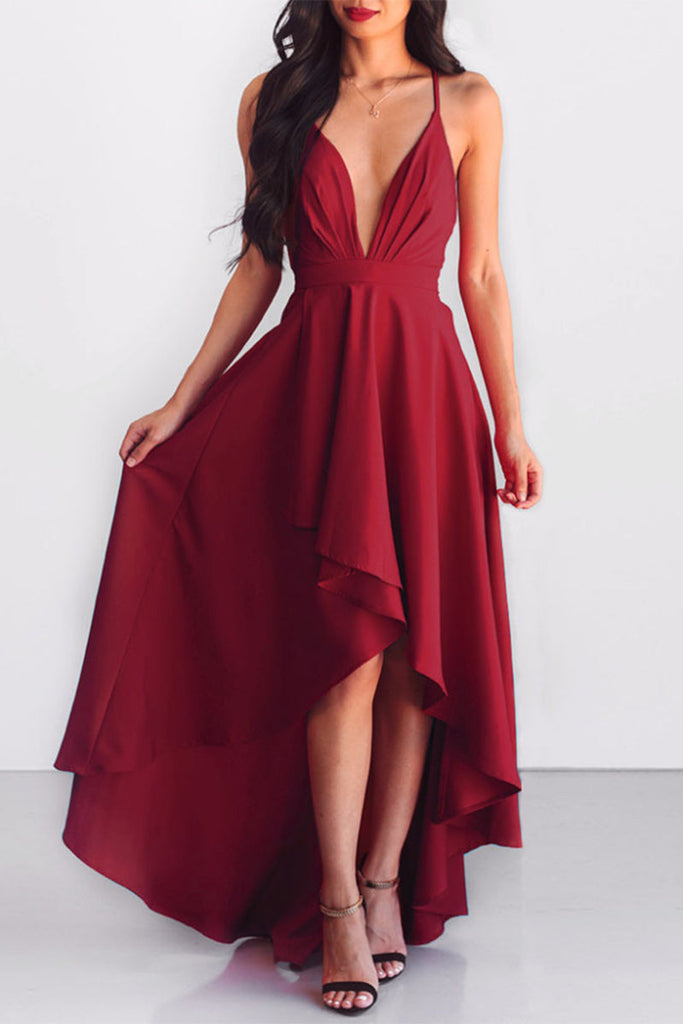 Momentlover Sexy Formal Solid Asymmetrical V Neck Dresses