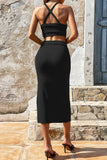 Momentlover Sexy Simplicity Solid Backless Slit Halter Wrapped Skirt Dresses