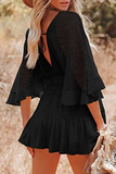 Momentlover Casual Solid Patchwork V Neck Lace Dress Dresses