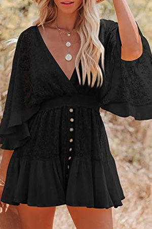 Momentlover Casual Solid Patchwork V Neck Lace Dress Dresses