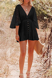 Momentlover Casual Solid Patchwork V Neck Lace Dress Dresses