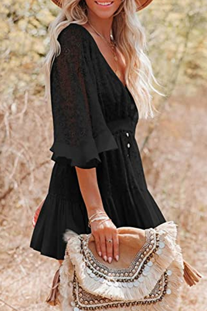 Momentlover Casual Solid Patchwork V Neck Lace Dress Dresses