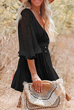 Momentlover Casual Solid Patchwork V Neck Lace Dress Dresses