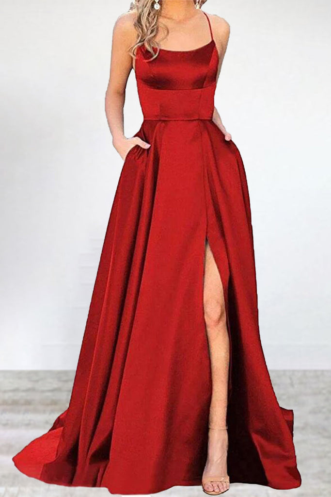 Momentlover Sexy Formal Solid High Opening U Neck Evening Dress Dresses