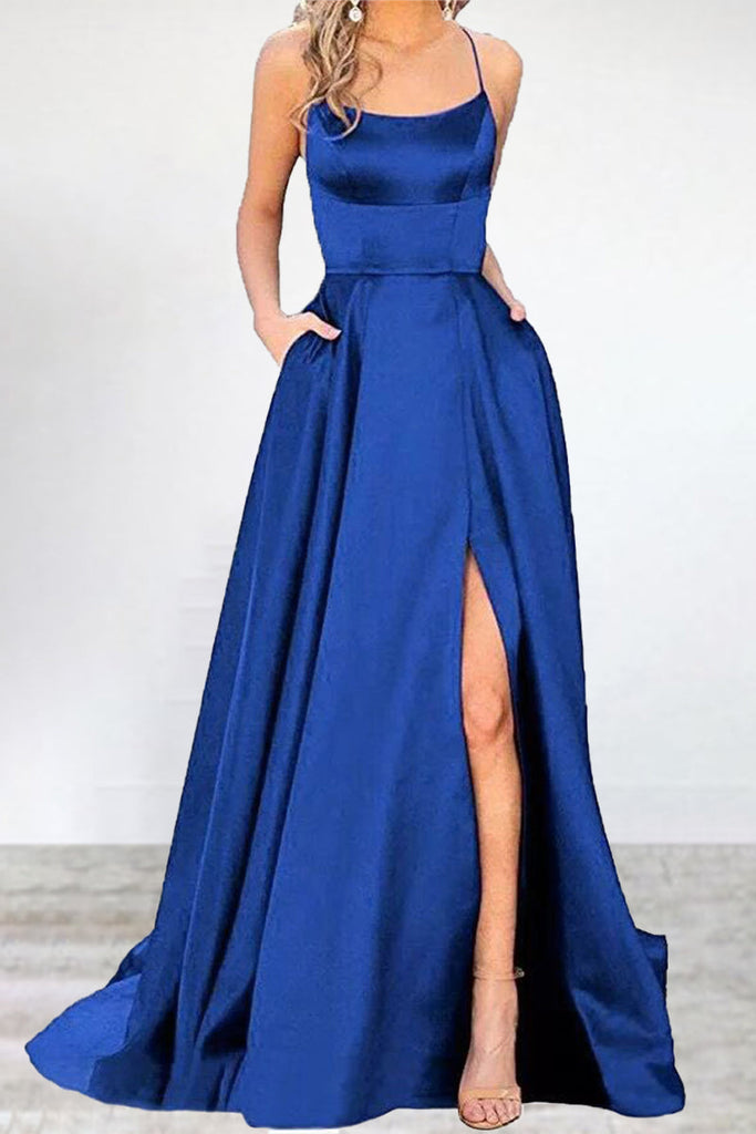 Momentlover Sexy Formal Solid High Opening U Neck Evening Dress Dresses
