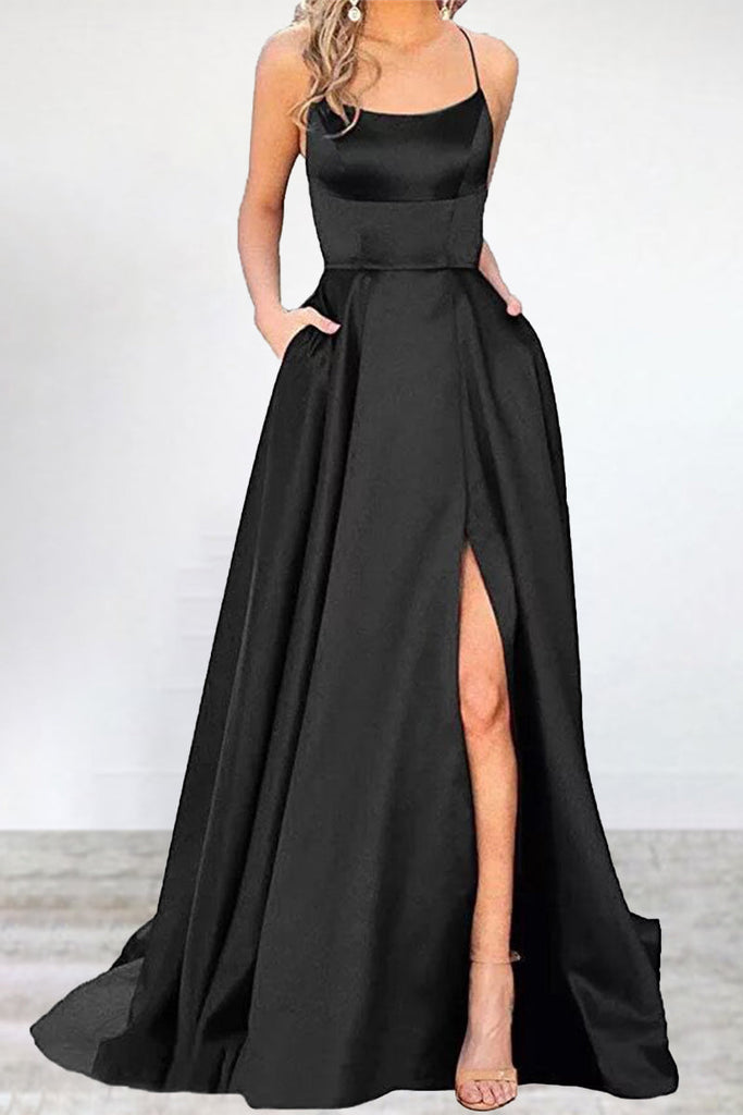 Momentlover Sexy Formal Solid High Opening U Neck Evening Dress Dresses