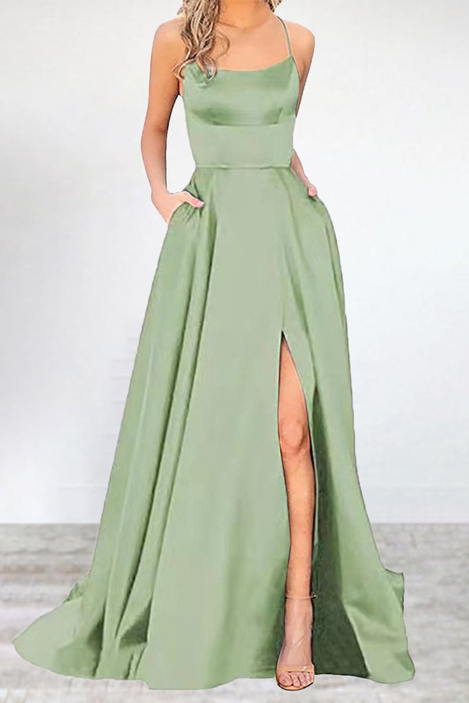 Momentlover Sexy Formal Solid High Opening U Neck Evening Dress Dresses