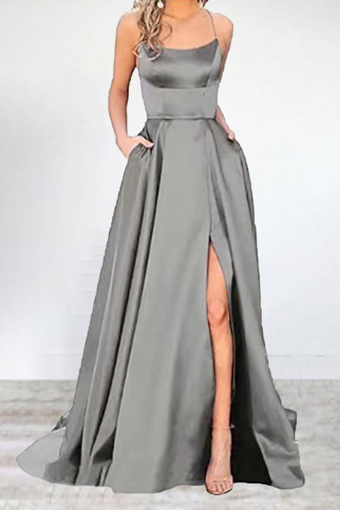 Momentlover Sexy Formal Solid High Opening U Neck Evening Dress Dresses